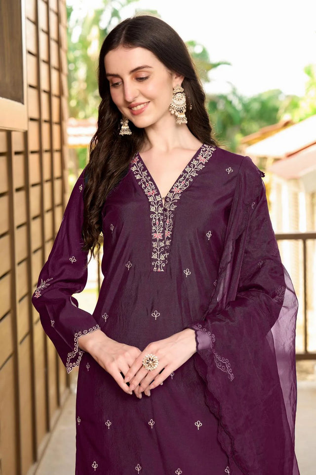 Dark Maroon Embroidered Art Silk Kurti Pant Set (NC2233DSKD)