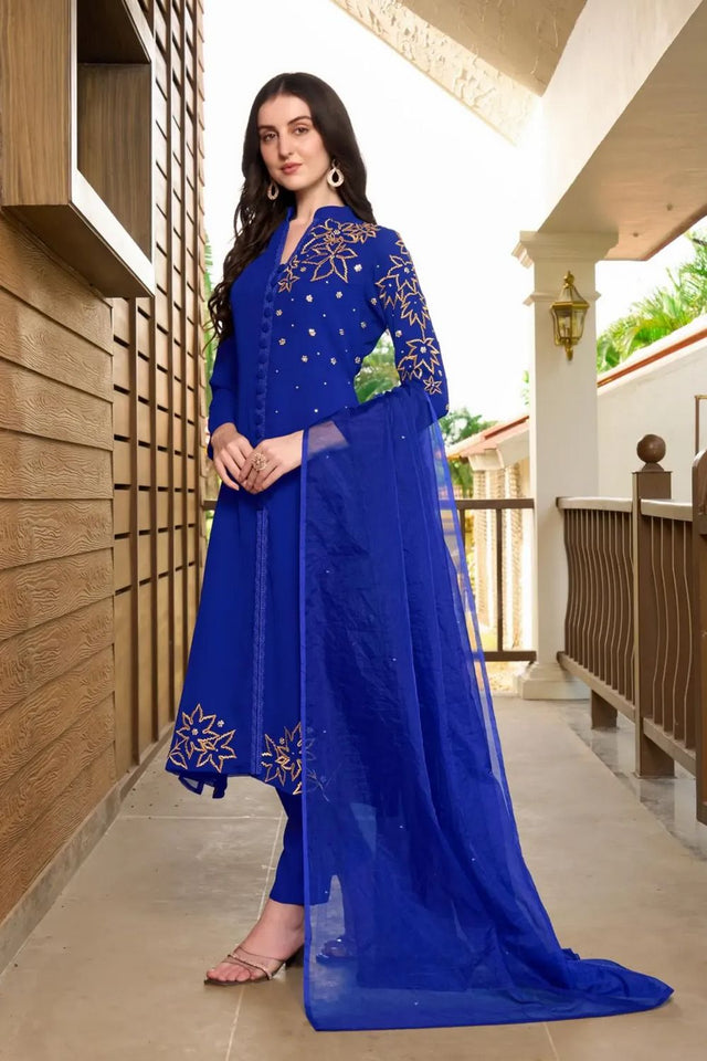 Blue Embroidered Georgette Kurti Pant Set (NC2234ASKD)