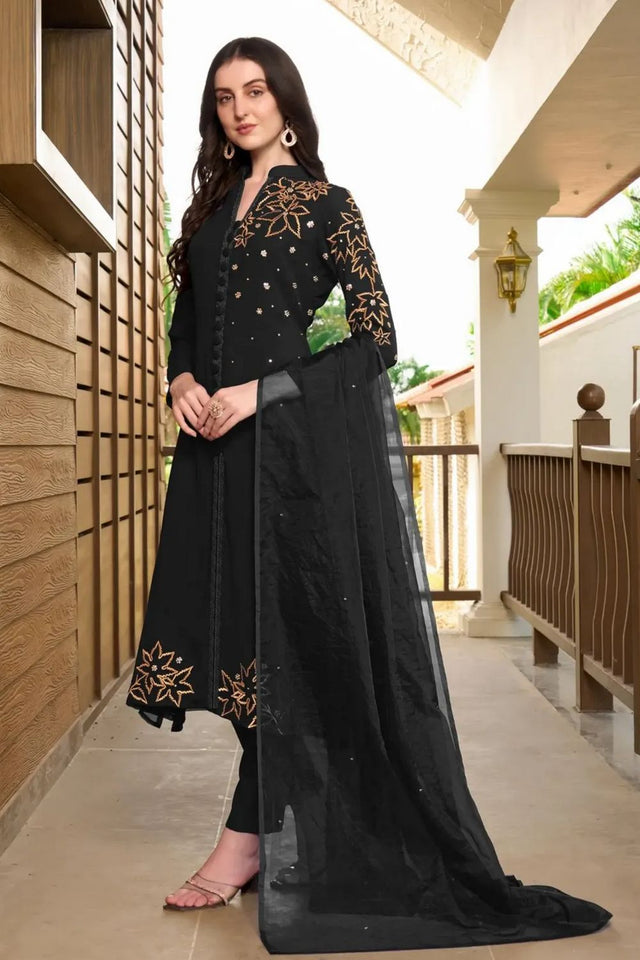 Black Embroidered Georgette Kurti Pant Set (NC2234BSKD)