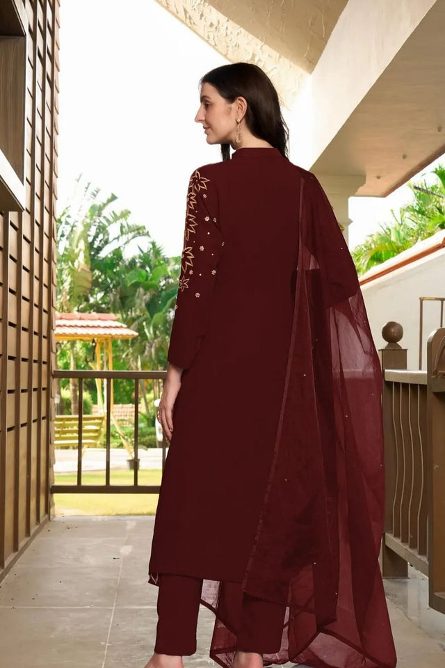Maroon Embroidered Georgette Kurti Pant Set (NC2234CSKD)