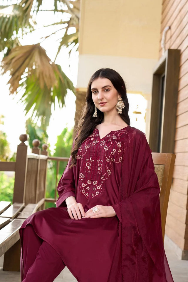 Maroon Embroidered Satin Kurti Pant Set (NC2235ASKD)