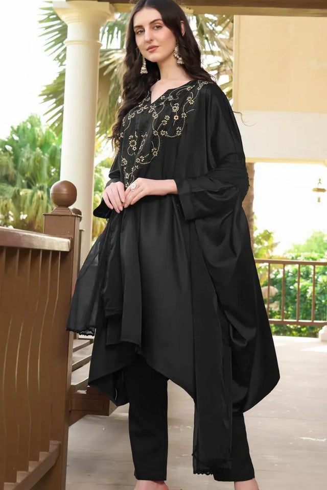Black Embroidered Satin Kurti Pant Set (NC2235BSKD)