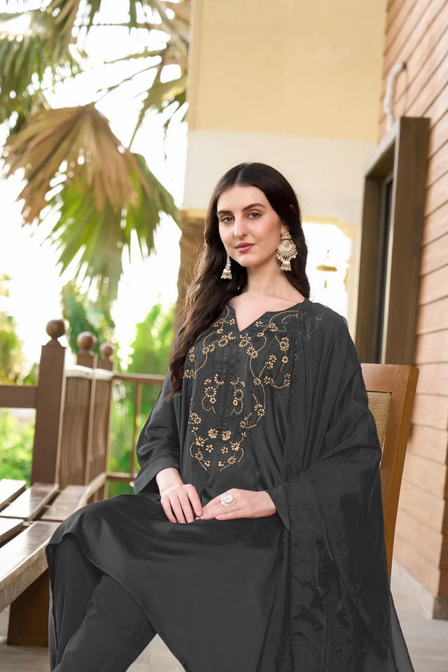 Grey Embroidered Satin Kurti Pant Set (NC2235DSKD)