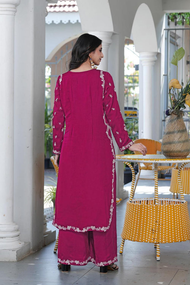 Magenta Floral Embroidered Satin Kurti Pant Set (NC2237CKS)