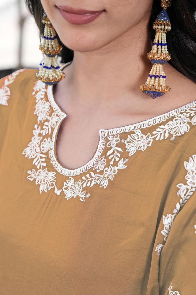 Brown Floral Embroidered Satin Kurti Pant Set (NC2237DKS)