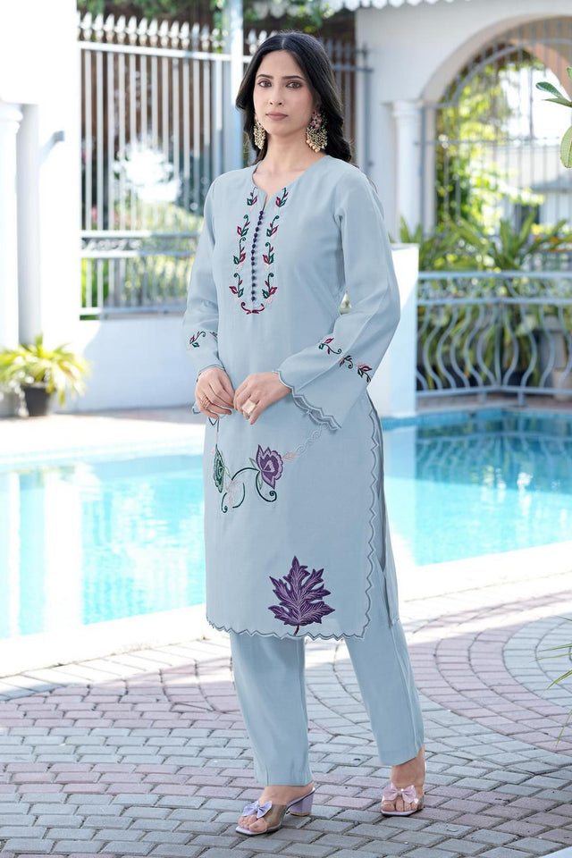 Blue Floral Embroidered Art Silk Kurti Pant Set (NC2238CKS)