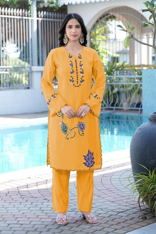 Yellow Floral Embroidered Art Silk Kurti Pant Set (NC2238EKS)