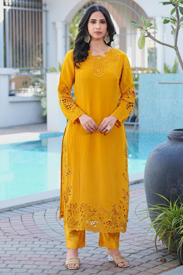 Yellow Floral Embroidered Art Silk Kurti Pant Set (NC2239AKS)