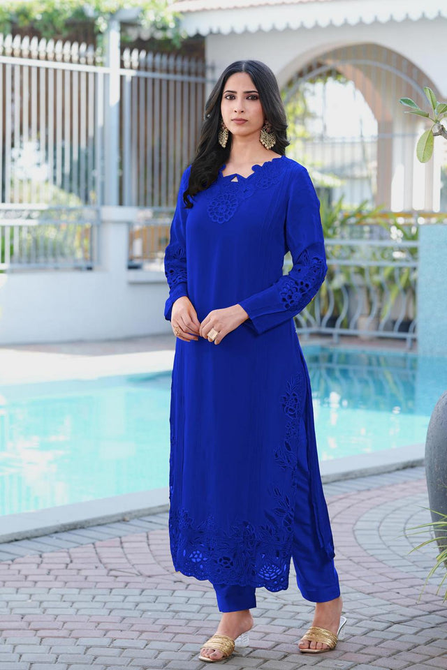Royal Blue Floral Embroidered Art Silk Kurti Pant Set (NC2239CKS)