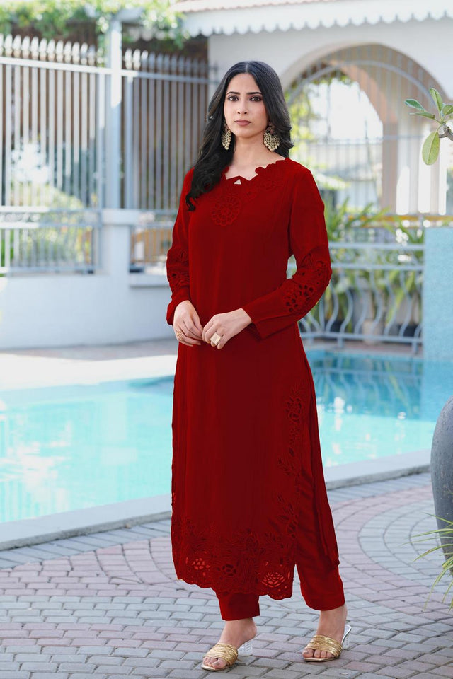 Maroon Floral Embroidered Art Silk Kurti Pant Set (NC2239DKS)