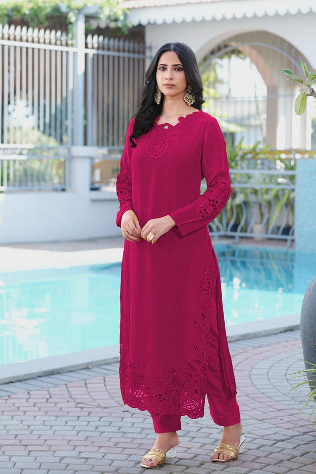 Magenta Floral Embroidered Art Silk Kurti Pant Set (NC2239EKS)
