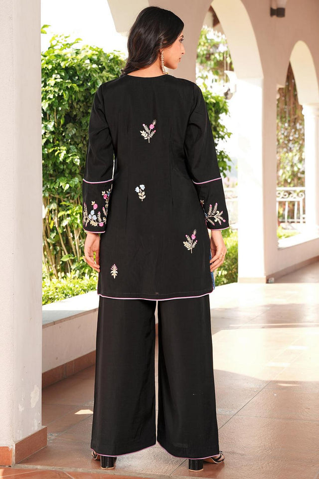 Black Floral Embroidered Art Silk Kurti Pant Set (NC2240AKS)