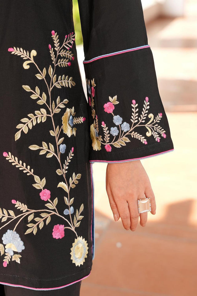 Black Floral Embroidered Art Silk Kurti Pant Set (NC2240AKS)