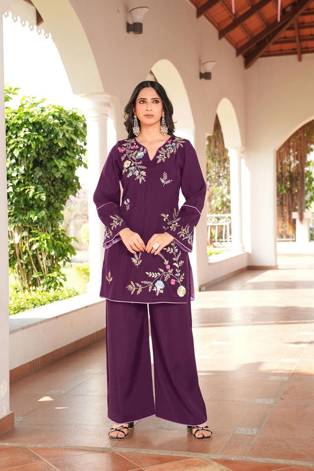 Magenta Floral Embroidered Art Silk Kurti Pant Set (NC2240BKS)