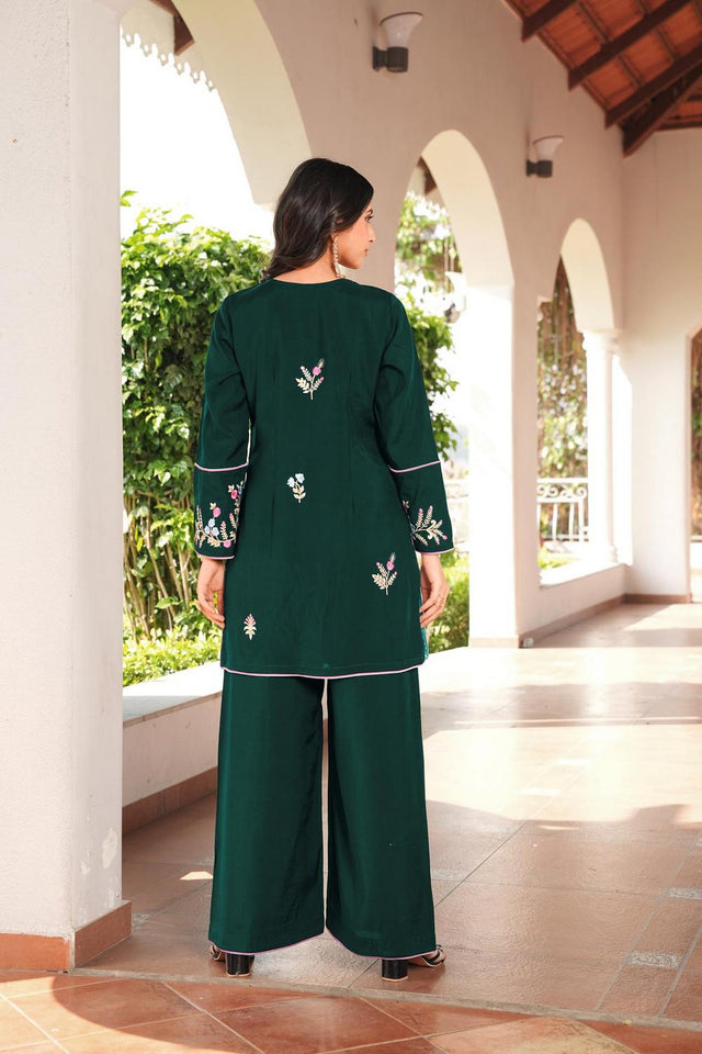 Dark Green Floral Embroidered Art Silk Kurti Pant Set (NC2240CKS)