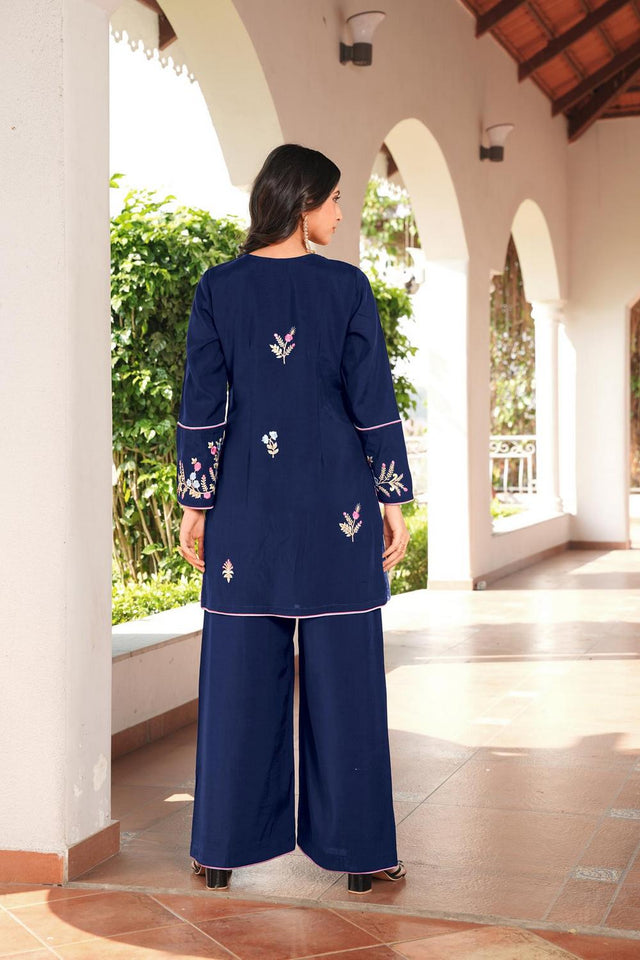 Navy Blue Floral Embroidered Art Silk Kurti Pant Set (NC2240EKS)