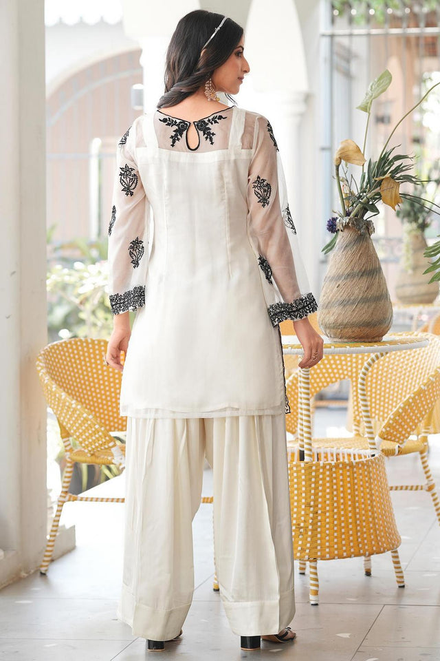 Cream Floral Embroidered Organza Kurti Pant Set (NC2241AKS)