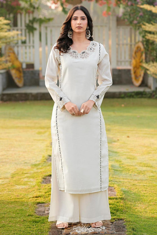 Cream Embroidered Art Silk Kurti Pant Set (NC2242AKS)