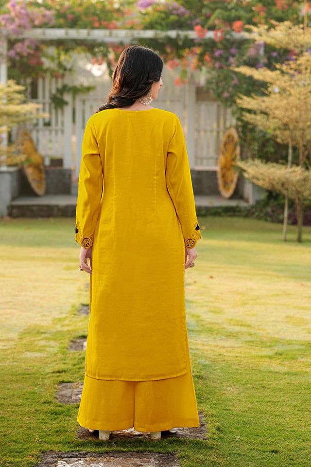 Yellow Embroidered Art Silk Kurti Pant Set (NC2242DKS)
