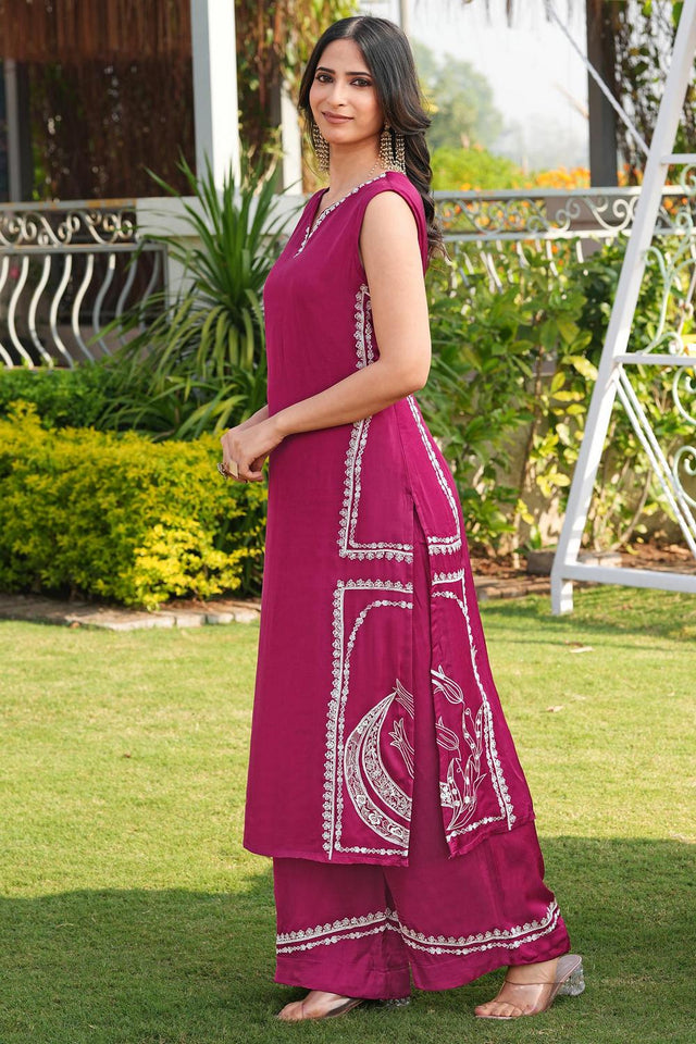Pink Floral Embroidered Satin Kurti Pant Set (NC2244AKS)