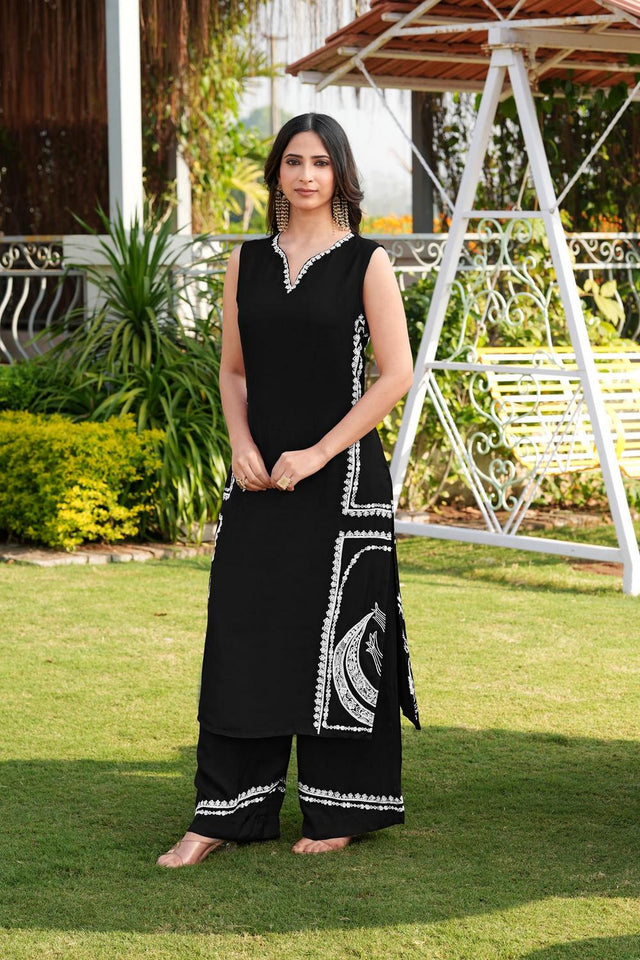 Black Floral Embroidered Satin Kurti Pant Set (NC2244BKS)