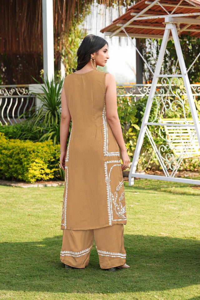 Brown Floral Embroidered Satin Kurti Pant Set (NC2244EKS)