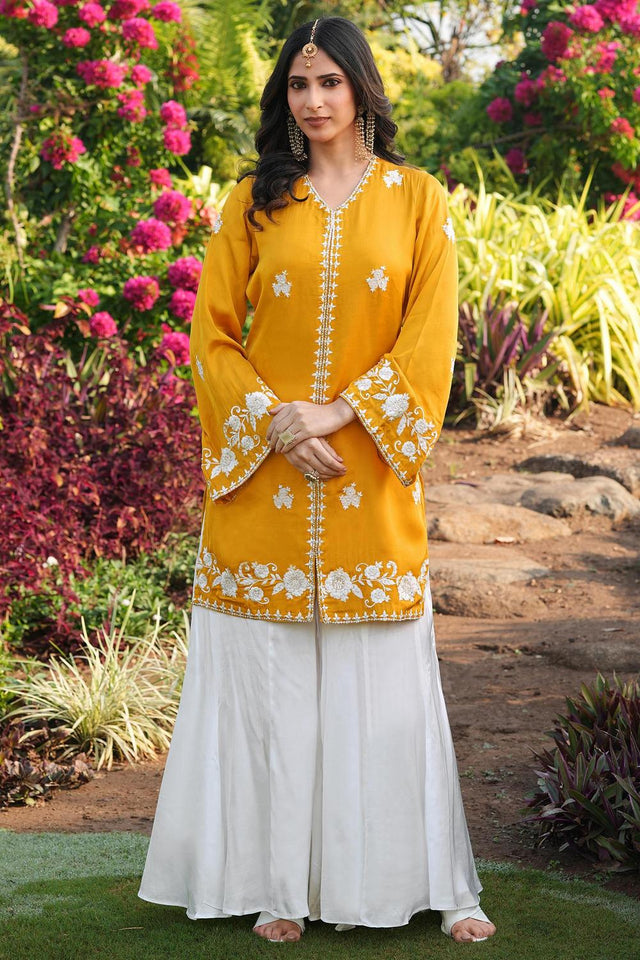 Yellow Floral Embroidered Satin Sharara Suits (NC2245AKS)