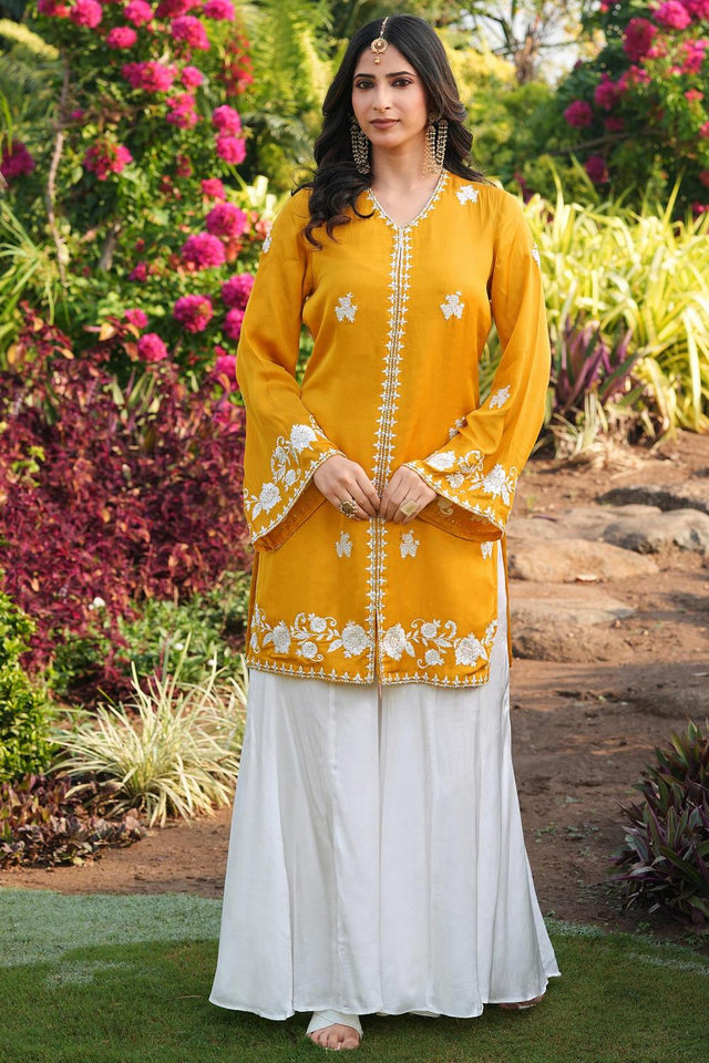 Yellow Floral Embroidered Satin Sharara Suits (NC2245AKS)