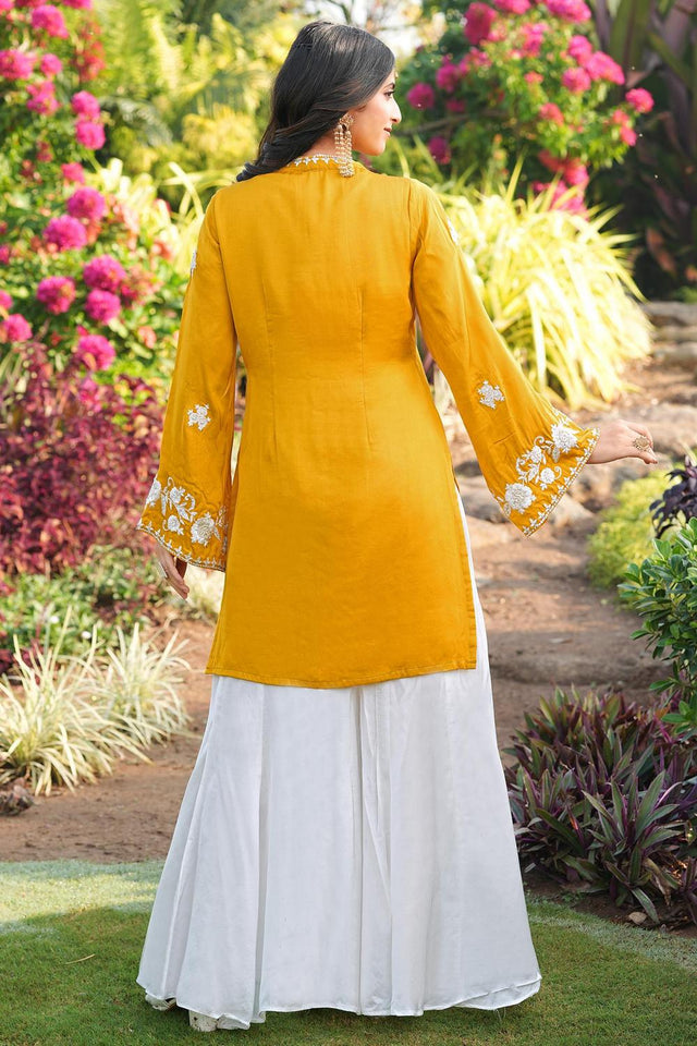 Yellow Floral Embroidered Satin Sharara Suits (NC2245AKS)