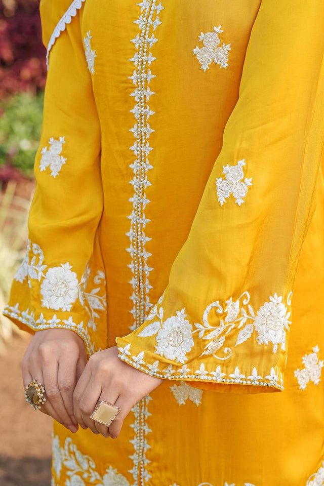Yellow Floral Embroidered Satin Sharara Suits (NC2245AKS)