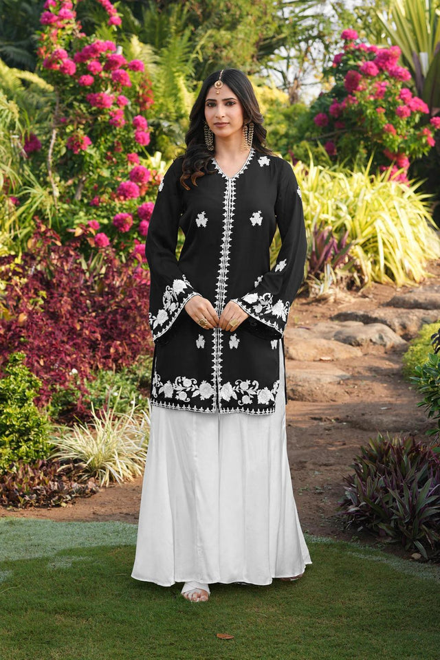 Black Floral Embroidered Satin Sharara Suits (NC2245BKS)