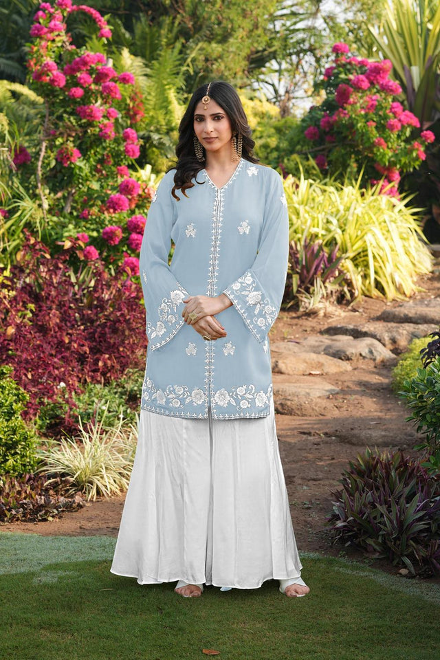 Blue Floral Embroidered Satin Sharara Suits (NC2245CKS)