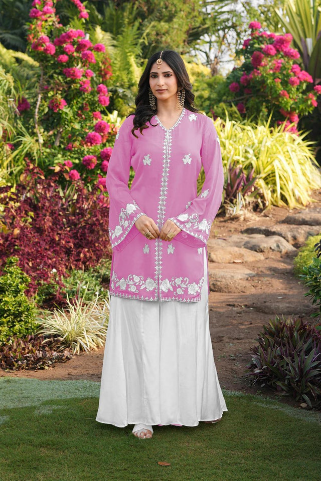 Pink Floral Embroidered Satin Sharara Suits (NC2245DKS)
