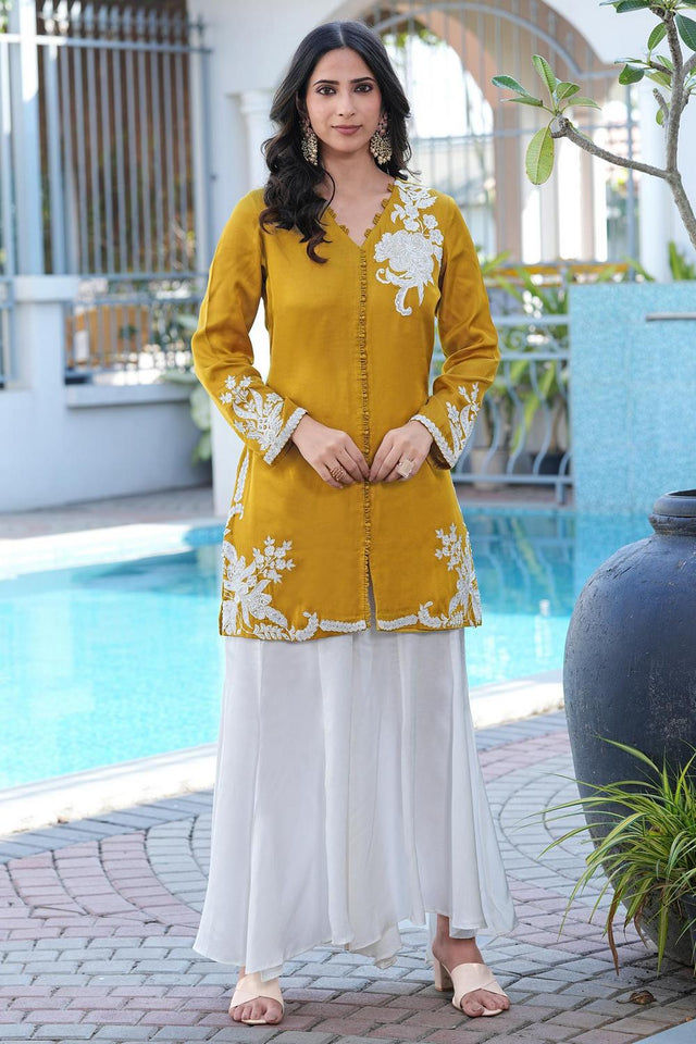 Yellow Floral Embroidered Satin Sharara Suits (NC2246AKS)