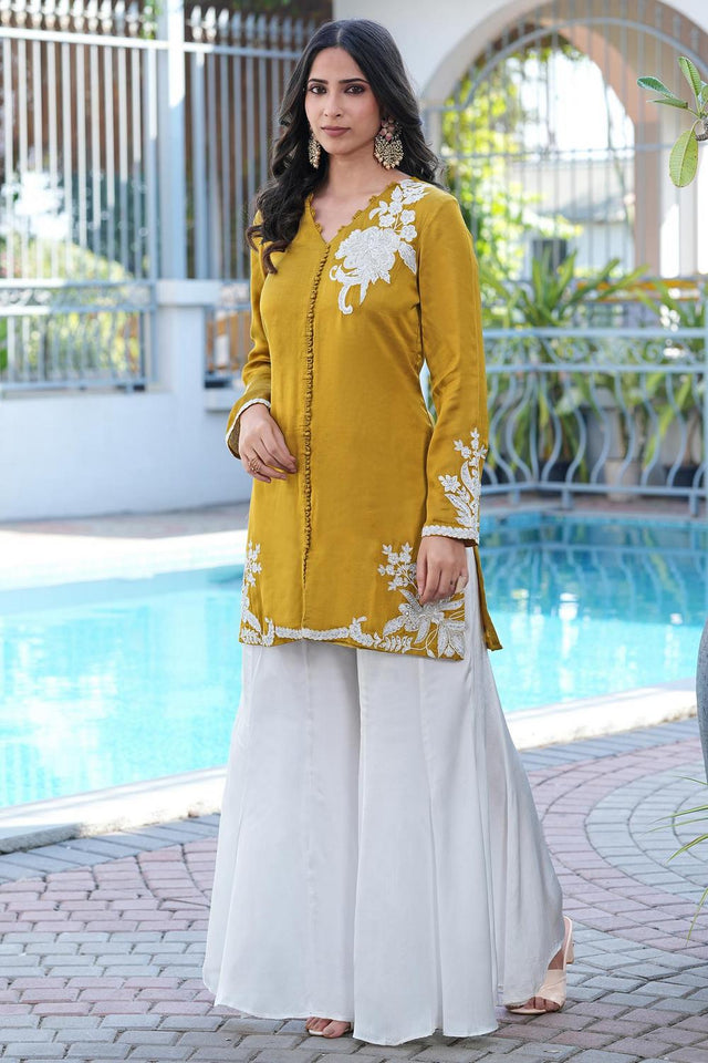 Yellow Floral Embroidered Satin Sharara Suits (NC2246AKS)