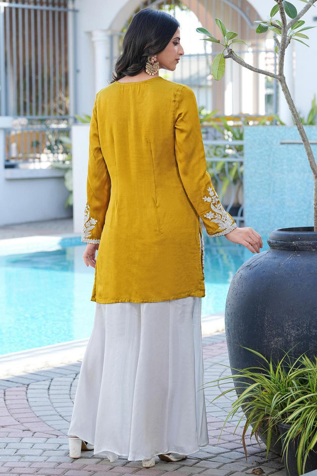 Yellow Floral Embroidered Satin Sharara Suits (NC2246AKS)