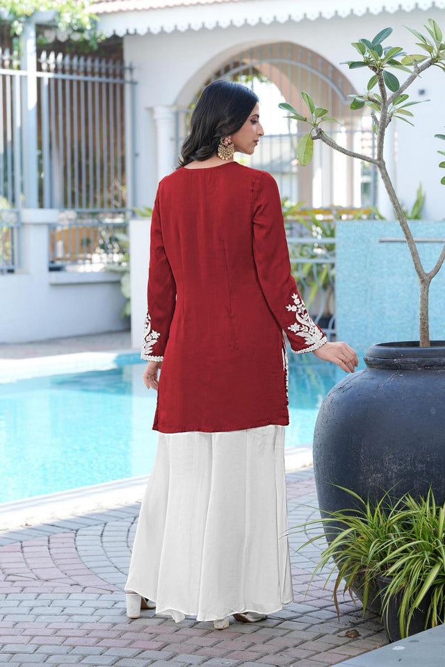 Maroon Floral Embroidered Satin Sharara Suits (NC2246BKS)