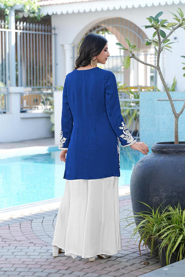 Royal Blue Floral Embroidered Satin Sharara Suits (NC2246DKS)
