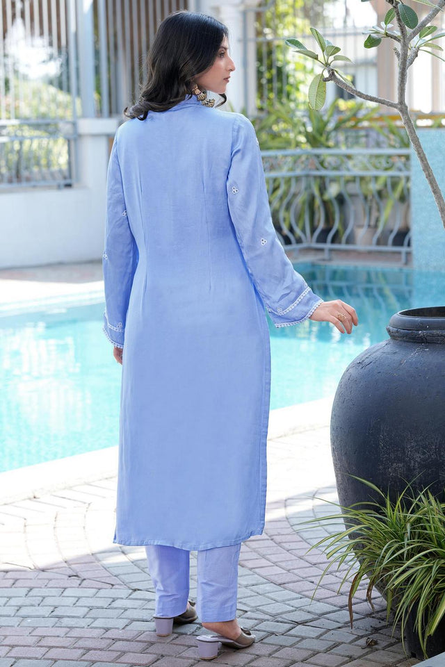 Lavender Floral Embroidered Satin Kurti Pant Set (NC2247AKS)