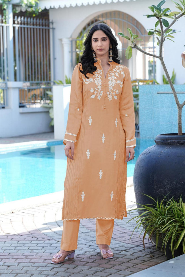 Orange Floral Embroidered Satin Kurti Pant Set (NC2247EKS)