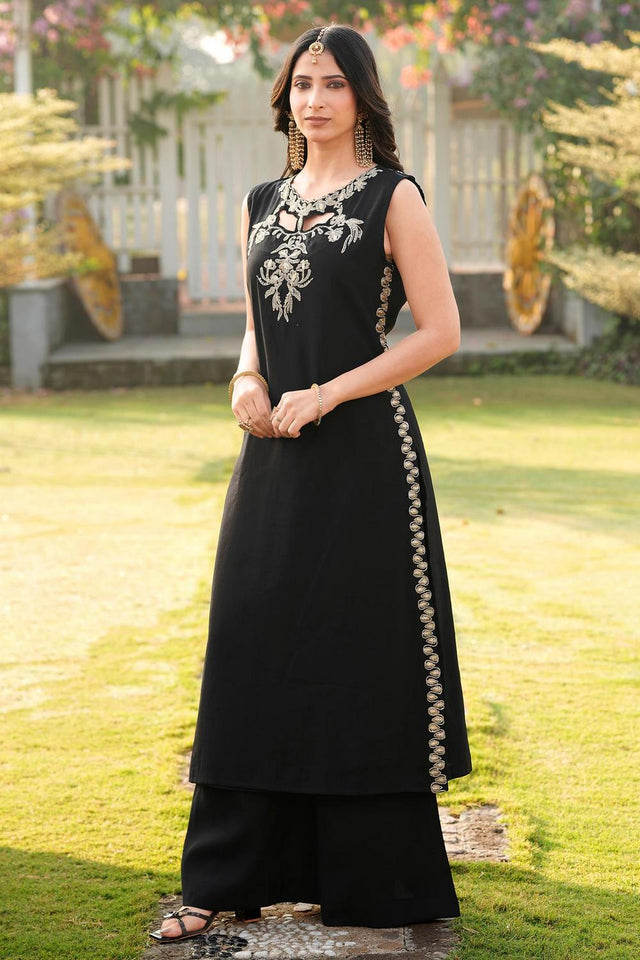 Black Floral Embroidered Art Silk Kurti Palazzo Set (NC2248AKS)