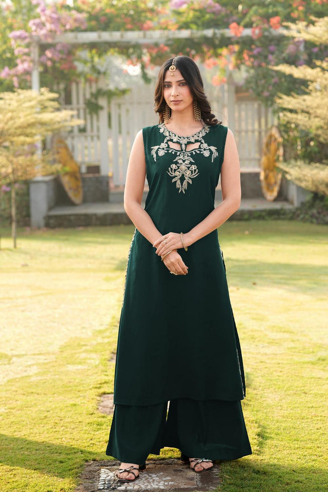 Dark Green Floral Embroidered Art Silk Kurti Palazzo Set (NC2248BKS)