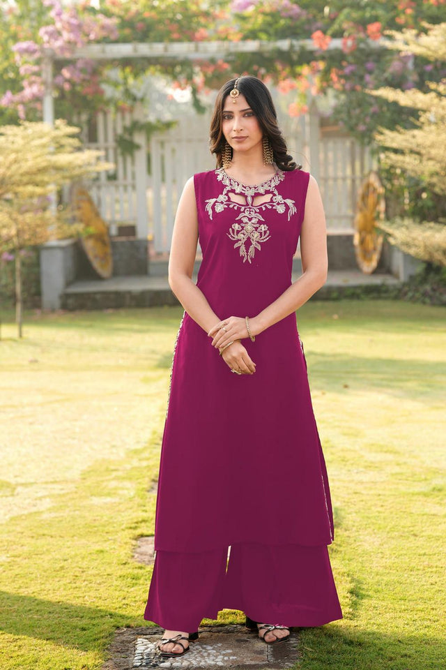 Magenta Floral Embroidered Art Silk Kurti Palazzo Set (NC2248DKS)