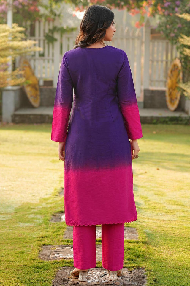 Purple Floral Embroidered Art Silk Kurti Pant Set (NC2249AKS)