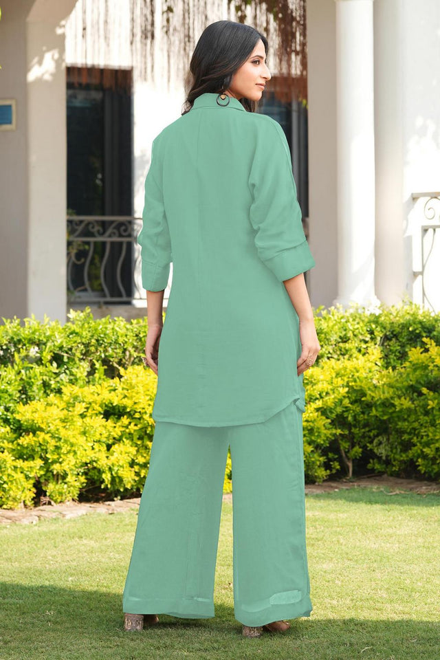 Green Floral Embroidered Georgette Kurti Pant Set (NC2250EKS)