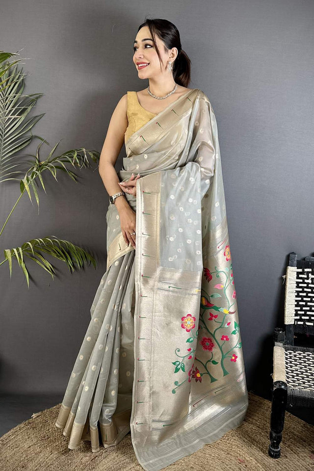 Grey Paithani Woven Tissue Saree (ND1001)