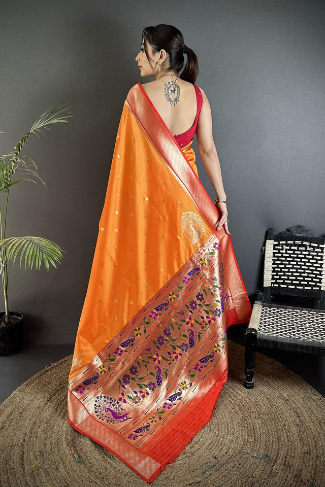 Orange Paithani Peacock Woven Silk Saree (ND101)