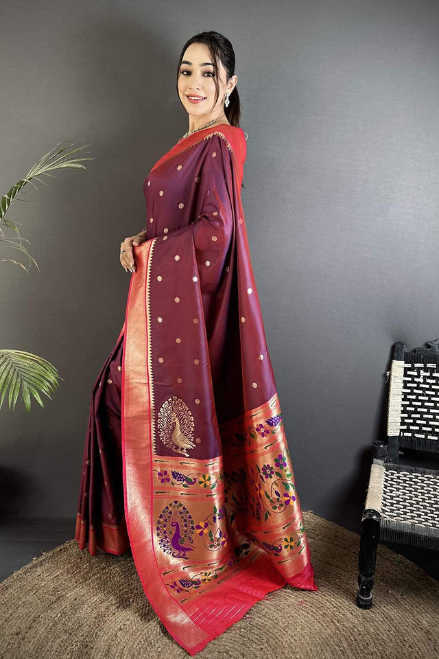Wine Paithani Peacock Woven Silk Saree (ND102)