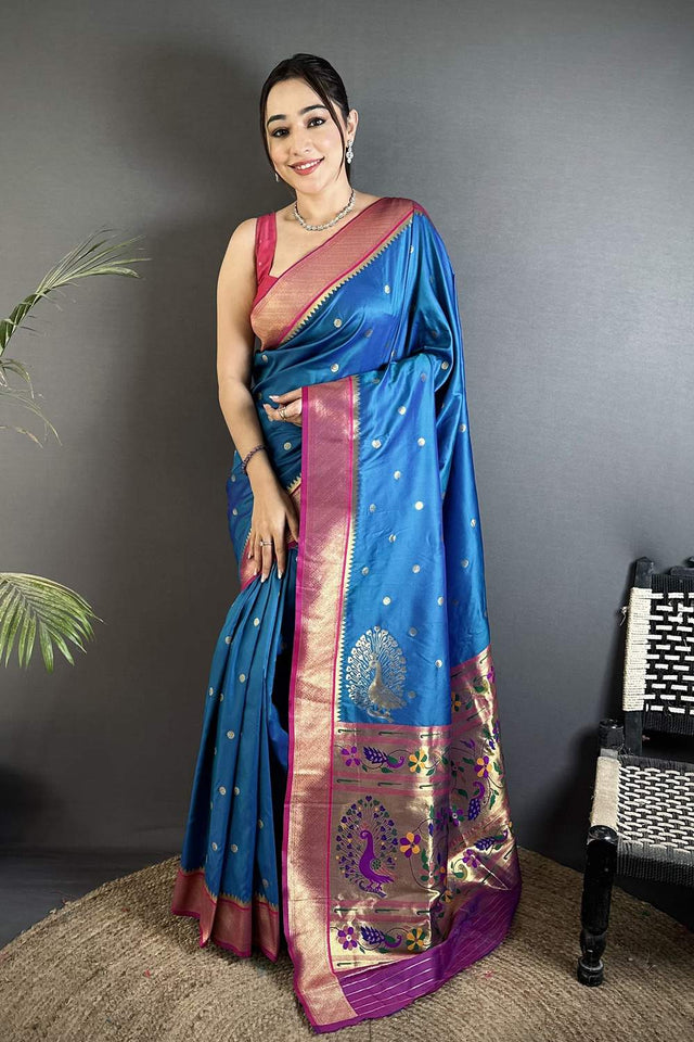 Blue Paithani Peacock Woven Silk Saree (ND103)