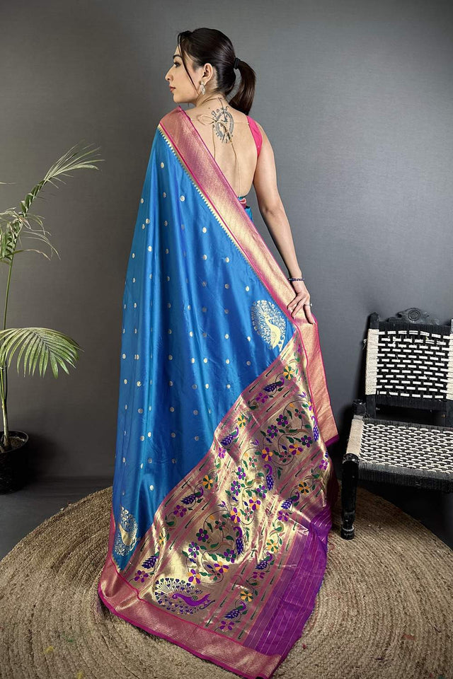 Blue Paithani Peacock Woven Silk Saree (ND103)